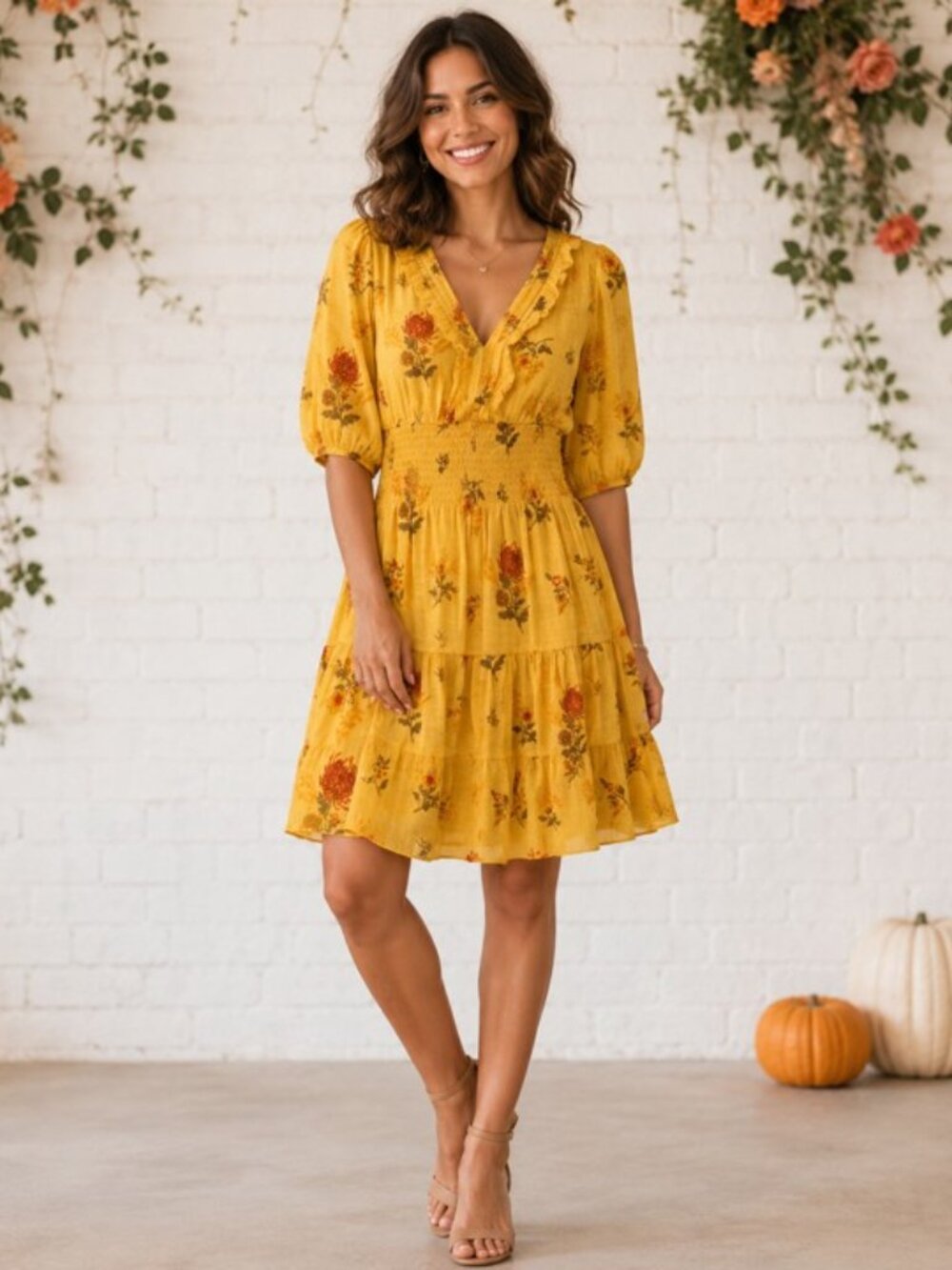 J. Gee Petite M Yellow Floral Tiered Mini Dress Smocked Boho Cottagecore
